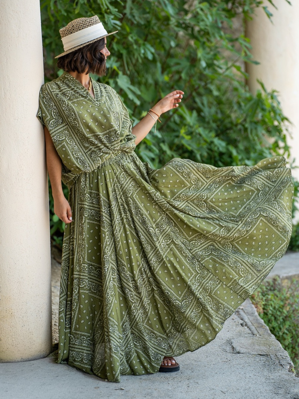 NWT Yolly Olive Green Bandana Print Flowy Maxi Skirt Made In Italy OS